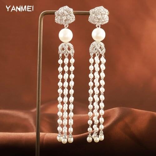 Rose Flower Pearl Long Chain Earrings for Women Luxury Banquet Noble Jewelry Earl Grey Flower Crystal Shiny Jewelry Mother Gift