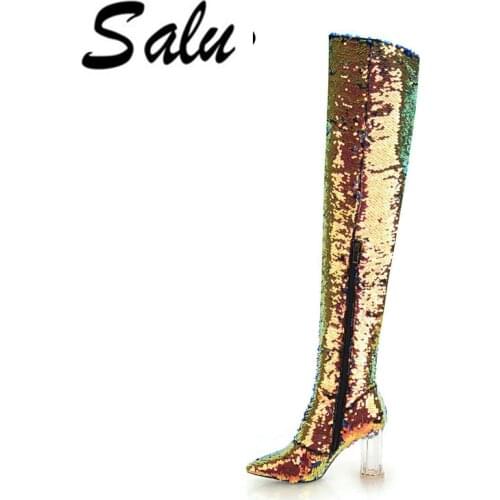 Salu 2020 New Arrived Winter Bling Bling Boots Over The Knee Thigh High Boots Sexy High Heels Sequined Cloths Zipper Boots