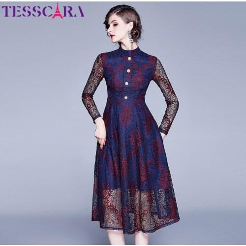 TESSCARA Women Spring Elegant Lace Dress Shirt High Quality Office Cocktail Party Robe Femme Designer Long Vintage Vestidos