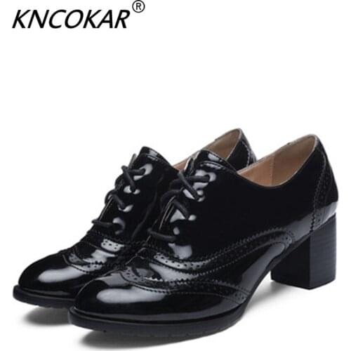 2019 spring and autumn fashion lace hollow thick with lace single shoes patent leather high heel women shoes z0067