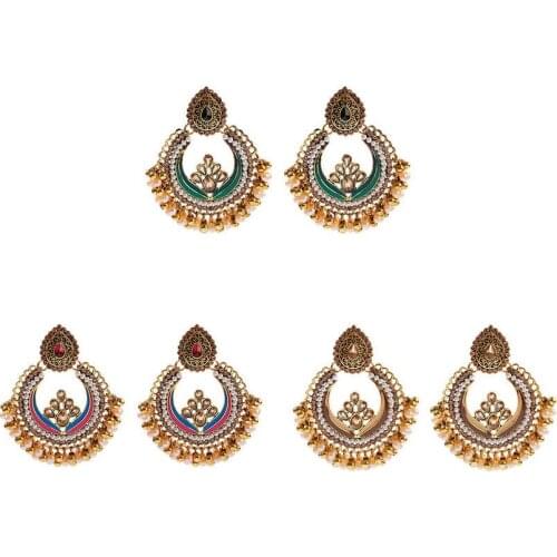 High Quality Retro Jhumka Earrings for Women Indian Jewelry Crystal Heart Accented Enamel Flower Pearl Beaded Earrings Wholesale