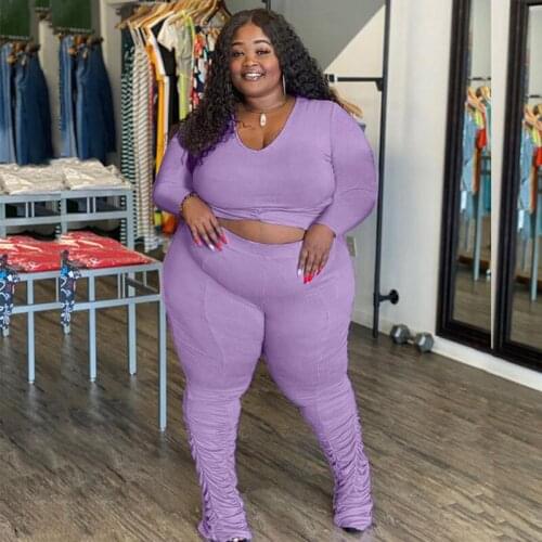 Plus Size Clothing Women Purple Outfit Ribbed Loungewear Long Sleeve Crop Top Two Piece Pants Set Wholesale Dropshipping