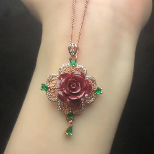 Natural Red Cinnabar With Green Gemstone Flower Pendants Necklaces 925 Sterling Silver Choker Necklace For Women Fine Jewelry