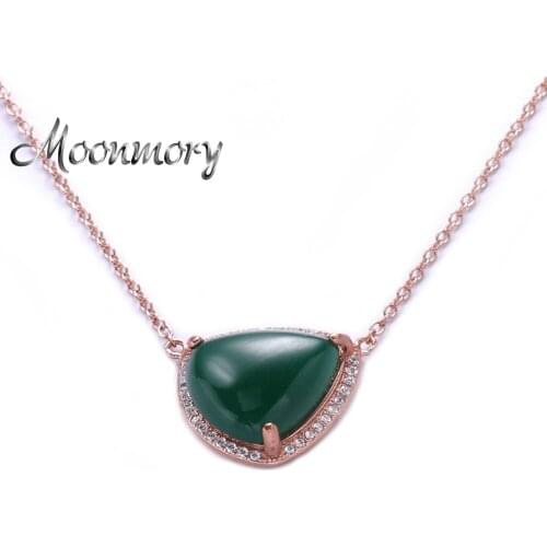 Moonmory France Popular 925 Sterling Silver Love Heart Pendant Necklace Jade Green Stone Silver Chain Necklace For Women Jewelry