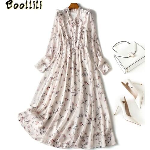 Boollili Vintage Elegant Chiffon Maxi Dress Women Clothes 2020 Spring Long Sleeve Korean Floral Dress Ladies Dresses Vestidos