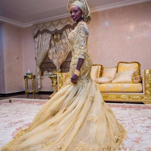 New Design High Neckline Mermaid Wedding Dresses with Gold Appliques Lace Sweep Train 3/4 Sleeves Formal Dress 2021