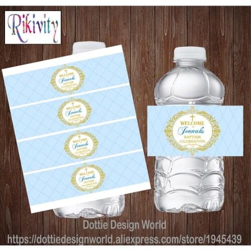20 Custom Light Blue Baptism My First Holy Communion Water Bottle Wine Labels Candy Bar Wrapper Stickers Baby Shower Decoration
