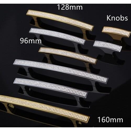 96 128 160mm Fashion glass diamond furniture decoration handle k9 crystal wine cabinet dresser handle silver gold drawer knob
