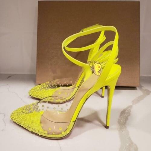 Glitter Crystal High Heel Pumps Transparent PVC Yellow Slingback Dress Shoes Pointed Toe Ankle Strap Banquet Wedding Shoes Bride