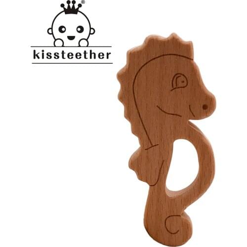 Kissteether Baby Wooden Teether Beech Wood Cartoon Hippocampus Teething Toys Montessori Inspired Nursing Pendant Baby Teether