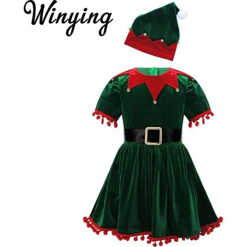 Kids Toddlers Christmas Dress with Hat Belt Sets Baby Girls Santa Claus Elf Clothes Cosplay Holiday Party Outfit Xmas Costume