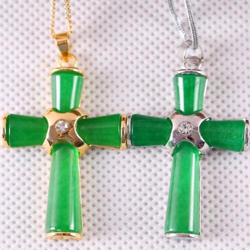 Men Women Fashion Jewelry Gift 26x38MM Cross Bead Natural Stone Green Jades Pendant 1Pcs K284-285