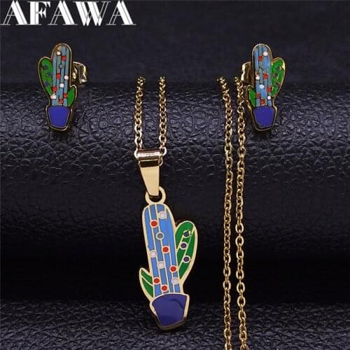 Cut Stainless Steel Enamel Cactus Earrings Necklaces Sets Women Colorful Gold Color Jewelry Kid Set Jewelry bijoux S9502S01