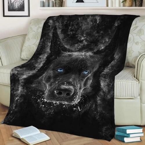 Black Wolf with blue eyes Flannel Throw Blanket 3D Printed Keep Warm Sofa Child Blanket Home Decor Textiles Dream Family Gift