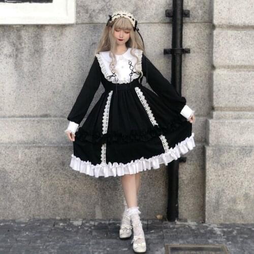Kawaii Lolita Long Sleeve Dress Women Spring 2021 New Splicing Ruffle Princess Cosplay Solid Op Dresses Lolita Cute Girl Dress