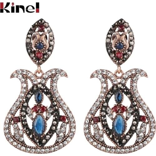 Kinel Fashion Bohemia Jewelry Blue Big Drop Earrings Inlaid Crystal Vintage Earrings For Women Antique Gold Color Christmas Gift
