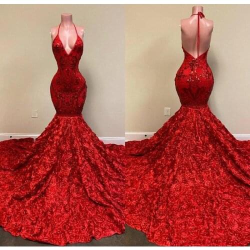 Red Prom Dresses Halter Deep V Neck Lace Appliques Mermaid Evening Dress Rose Ruffles Special Occasion Party Gowns