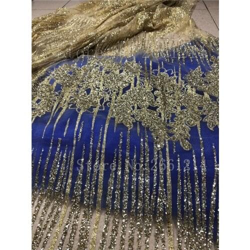 Gold color glued glitter African tulle mesh lace fabric best quality nigerian embroidery net lace fabric