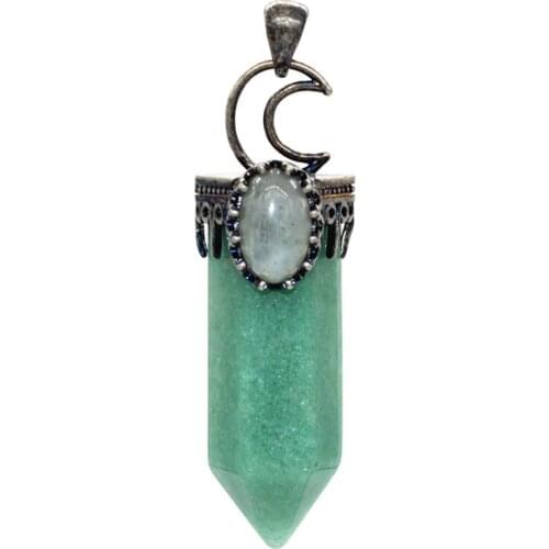 Trendy-beads Silver Plated Crescent Moon Hexagon Prism Natural Green Aventurine Pendant Oval Labradorite Stone Jewelry
