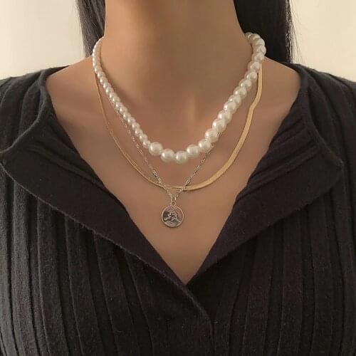 Fashion Punk Geometric Portrait Coin Pendant Boho Simulated Pearl Multilayer Choker Necklace for Women Cuban Snake Chain Jewelry