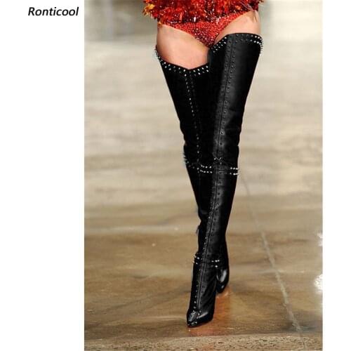 Ronticool Modern Trending Women Thigh Boots Sexy Studded Stiletto Heels Pointed Toe Gorgeous 5 Colors Shoes Women Us Size 5-15