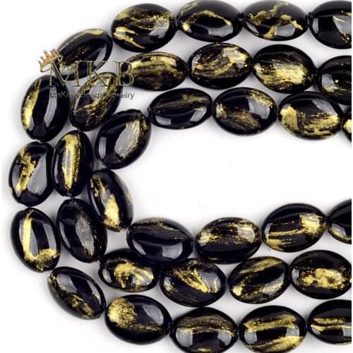 Natural Stone Black Jades Gold Plated Oval Loose Beads For Jewelry Making 13x18mm Diy Bracelet Necklace Accessories Wholesale