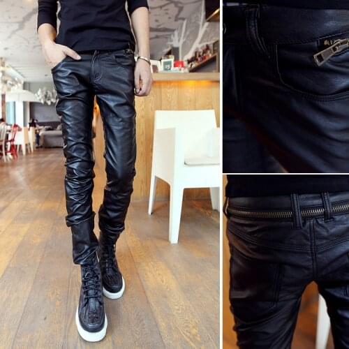 New !! Mens Fashion Trousers Zipper Leather Pants Slim Trend Leather Pants Thermal Trousers / Free Shipping / 28-34