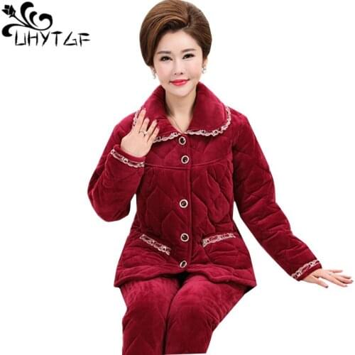 UHYTGF pajamas for women flannel warm autumn winter Sleepwear set female plus velvet thick warm 3XL plus size pyjamas women 1144