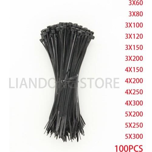 Self-Locking Plastic Nylon Wire Cable Zip Ties 100pcs Black Cable Ties Fasten Loop Cable Various specifications