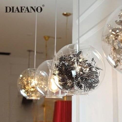 Clear Glass Ball modern hanging lamps Kitchen Dining Bar Pendant Lights Stainless steel flowers Leaves Golden Silver pendant