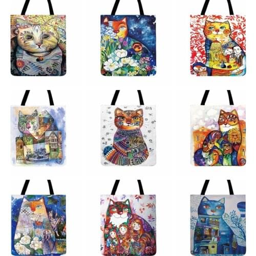 Nordic Art Watercolor Cat Illustration Printed Tote Bag For Women Casual Outdoor Beach Bag Shopping Bag Ladies Shoulder Bags