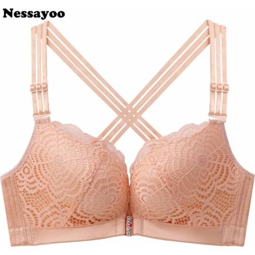 Thin Front Closure sexy ladys close-fitting bra large-size Wireless push up Adjusted-straps floral embroidery underwear