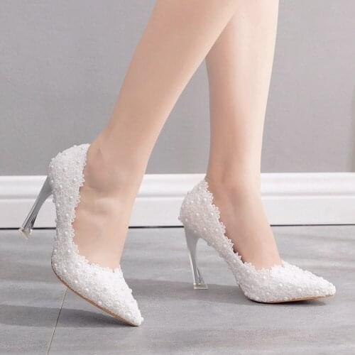 Bride White Shoes Lace Flower Veins Beautiful Lower 9cm High Heels Pointed Toe Wedding Dress Pumps Women Stiletto