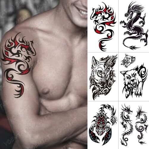 Waterproof Temporary Tattoo Sticker Dragon Fire Flash Tattoos Wolf Scorpion Body Art Arm Water Transfer Fake Tatoo Women Men