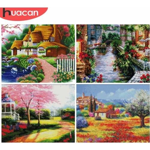HUACAN Cross Stitch House Kits Embroidery Landscape Sets Home Decoration Needlework White Canvas 11CT 14CT DIY Gift
