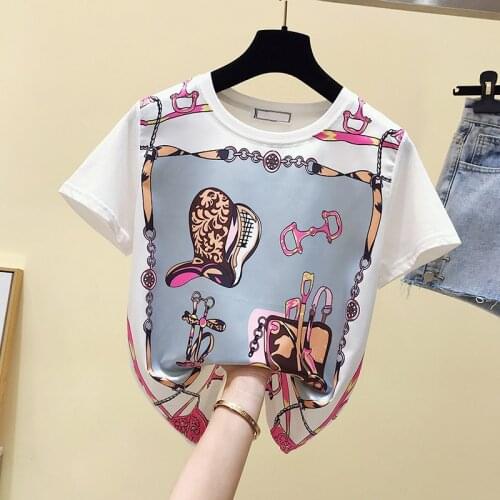 Modis print short sleeve t shirt women o-neck white tee shirt femme personality loose basic tshirt 2021 summer tops new arrival