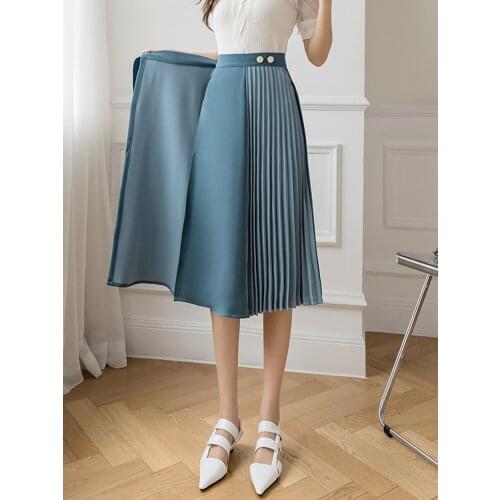 Chiffon One Piece Belt Pleated Midi Skirt Women Summer Korean Fashion Casual High Waist Skirt Harajuku Vintage Faldas Ropa Mujer