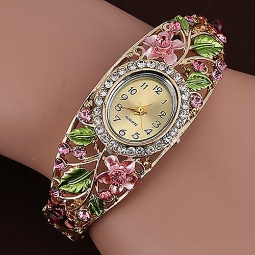 Women Watch Alloy Crystal Bracelet Flower Wrist Watch Women Clock Quartz Watches With Rhinestone Quartz Bracelet Watch