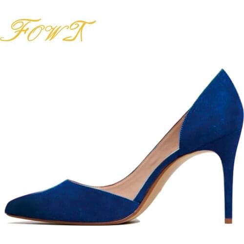 Blue Flock Pointed Toe D’Orsay&Two-Piece Shallow Thin Heel Pumps Large Size 15 16 Ladies Fashion Lightweight Shoes FOWT