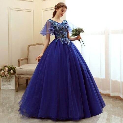 2020 New The Blue Quinceanera Dress Elegant Party Prom O-neck Short Sleeve Ball Gown Floral Print Quinceanera Vestidos Dresses