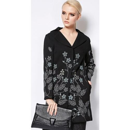 Long Coat 2017 Autumn Winter New Fashion Good Womens Elegant Long Sleeve Small Flowers Embroidery Black Long Jakcet