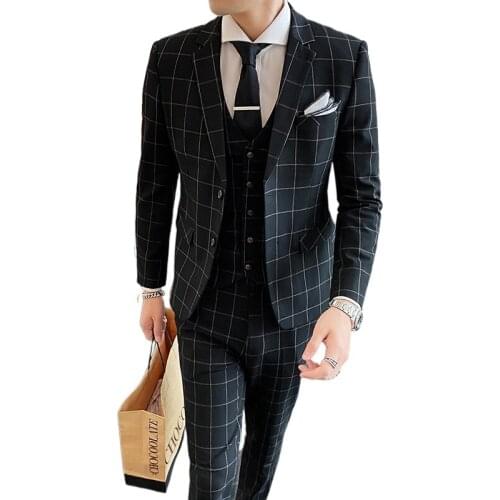 2021 New Mens Business Plaid Suits 3 Piece Single-breasted Wedding Banquet Dress Suits Slim Fit Men Blazer and Vest Pants