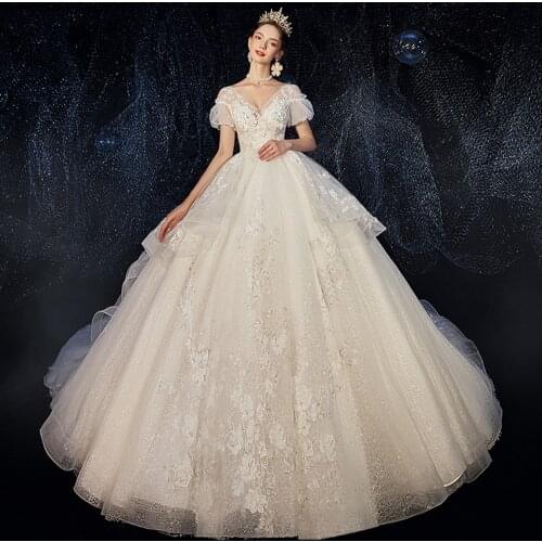 Gelinlik V-neck Ball Gown Wedding Dresses with Veil Robe Mariee Princesse Short Sleeve Brautkleid Tulle Abito Da Sposa Trouwjurk