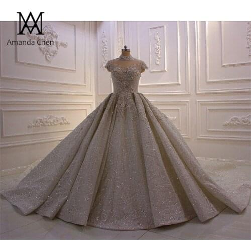 Vestido blanco High Neck Cap Sleeve Lace Appliqued Crystal Shiny Wedding Dress