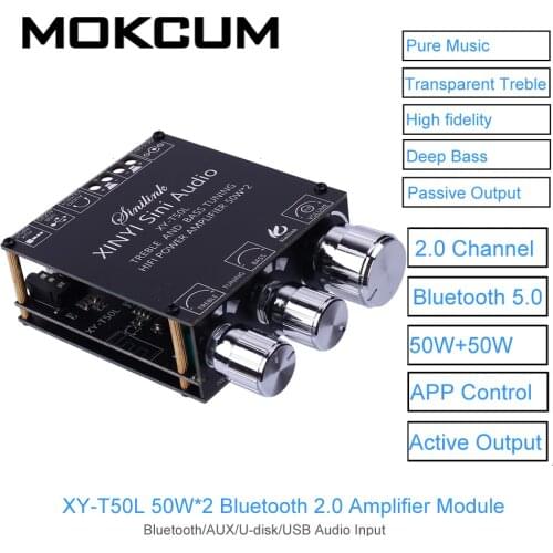 DC 5V-26V Bluetooth Amplifier 2.0 Channel 50W*2 BLE5.0 Treble Bass AUX/U-disk Audio APP Controller