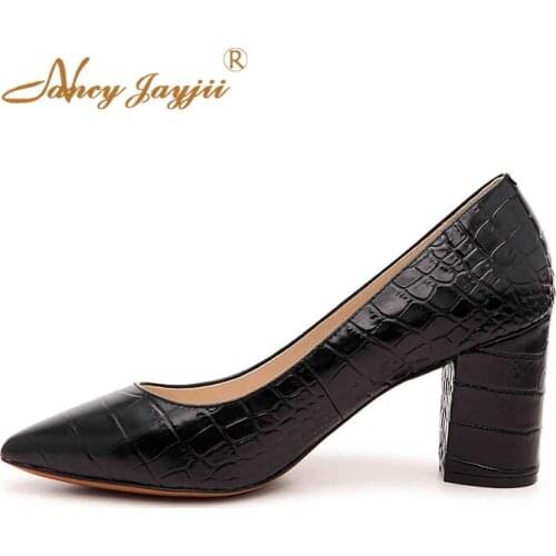 Chunky Mid-Heel Crocodile Black Red Dark Green Pumps Tip Binding Platform Casual Office Women Shoes Size 14 15 16 NANCYJAYJII