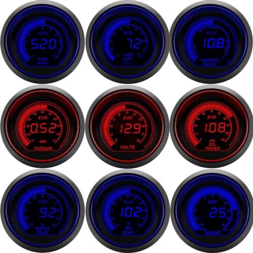 Digital 52mm Car Tachometer rpm meter Boost Water Temp Oil Temp Oil press Volt Vacuum Air fuel ratio EGT Gauge Red&Blue Dual Led