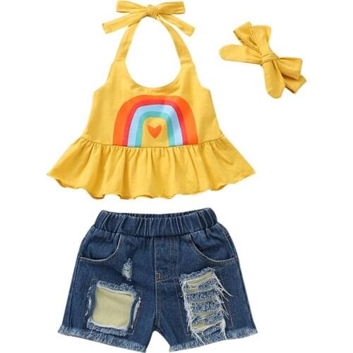 Children Clothing New Summer Girl Baby Clothing Set Ruffle Sling Top + Ripped Denim Shorts 2-Piece Set Sweet Backless Girl Suit