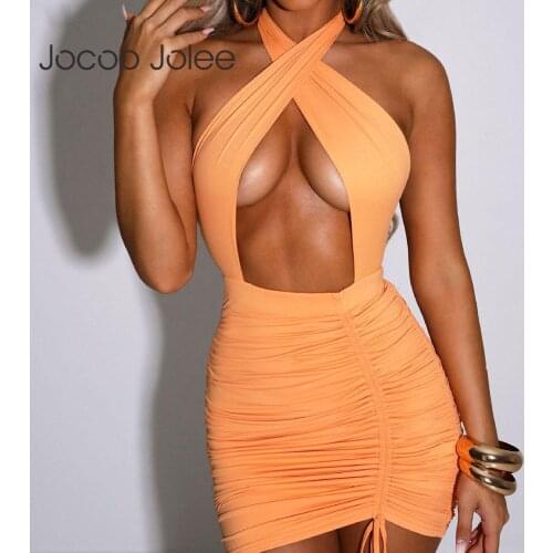Jocoo Jolee Women Summer Cross Sexy Solid Halter Pleated Buttocks Hollow Out Drawstring Mini Dress High Waist Party Club