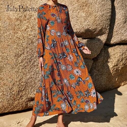 Julypalette Vintage Floral Printed Summer Dress 2021 Summer Casual Loose Lace up Collar Boho Vestidos Holiday Beach Femme Dress